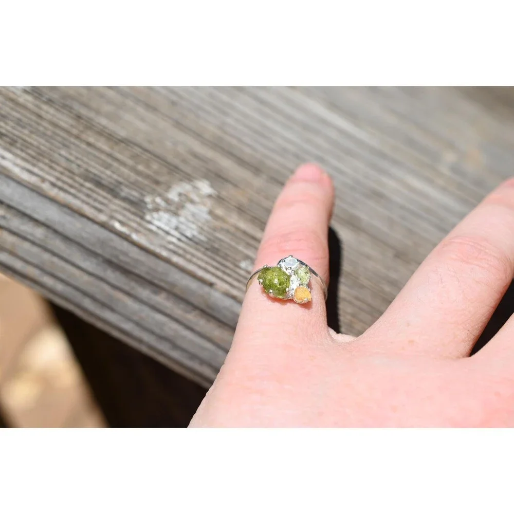 Engagement ring Peridot, Opal & Yellow Montana Sapphire Ring in Sterling Silver